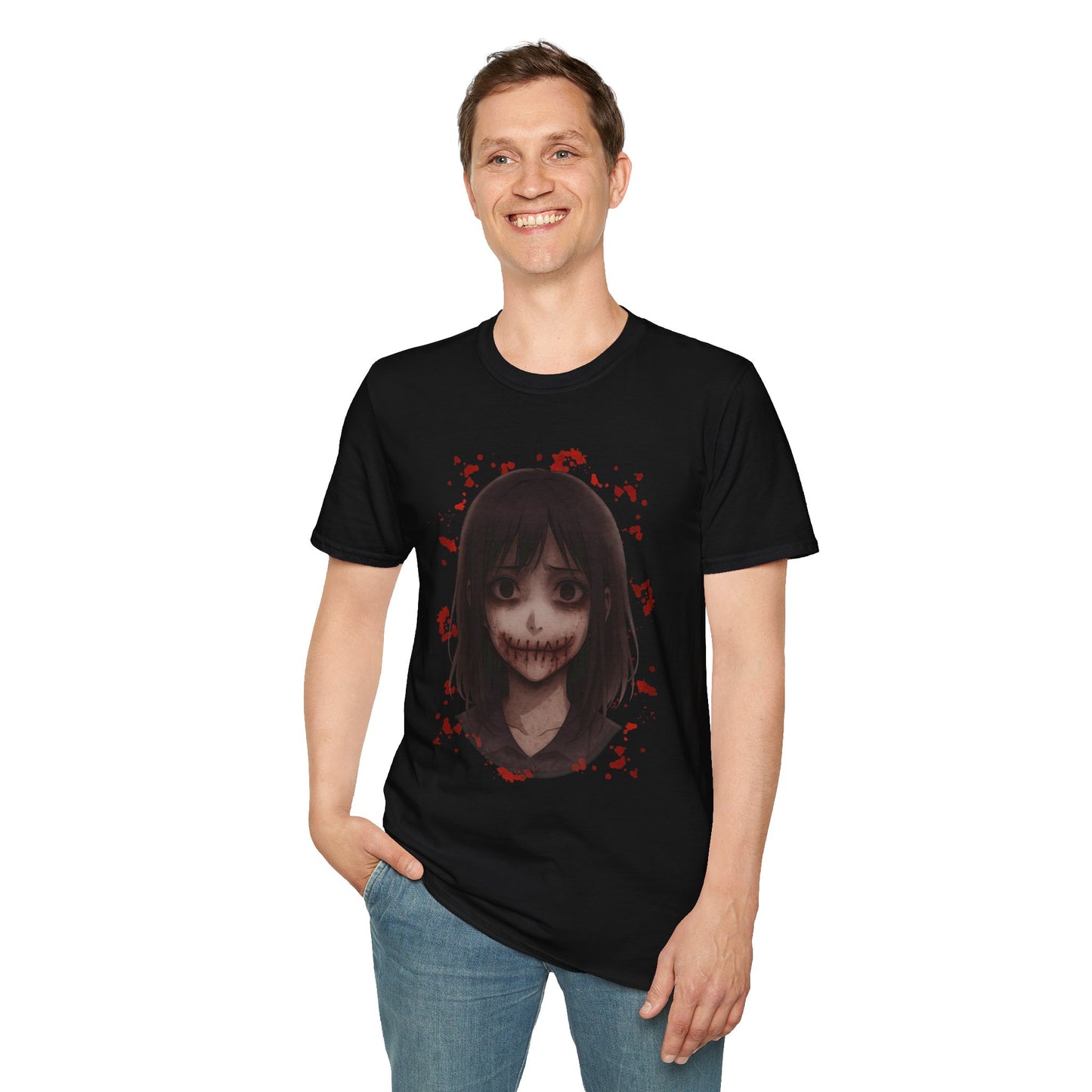 Chilling Horror Graphic Tee, Unisex Softstyle T-Shirt for Halloween, Spooky Gift, Cosplay Outfit, Dark Aesthetic Apparel