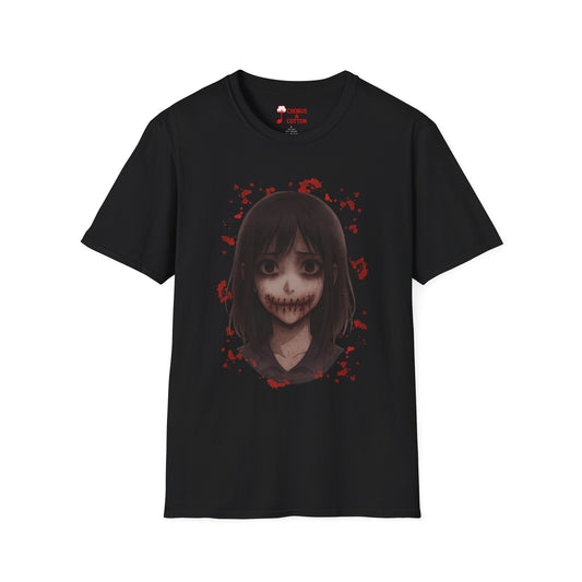Chilling Horror Graphic Tee, Unisex Softstyle T-Shirt for Halloween, Spooky Gift, Cosplay Outfit, Dark Aesthetic Apparel